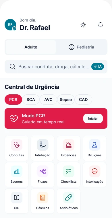 Início do app CalcMed, com a busca com IA, a Central de Urgência, o Modo PCR e as categorias do app, de condutas a antibióticos.