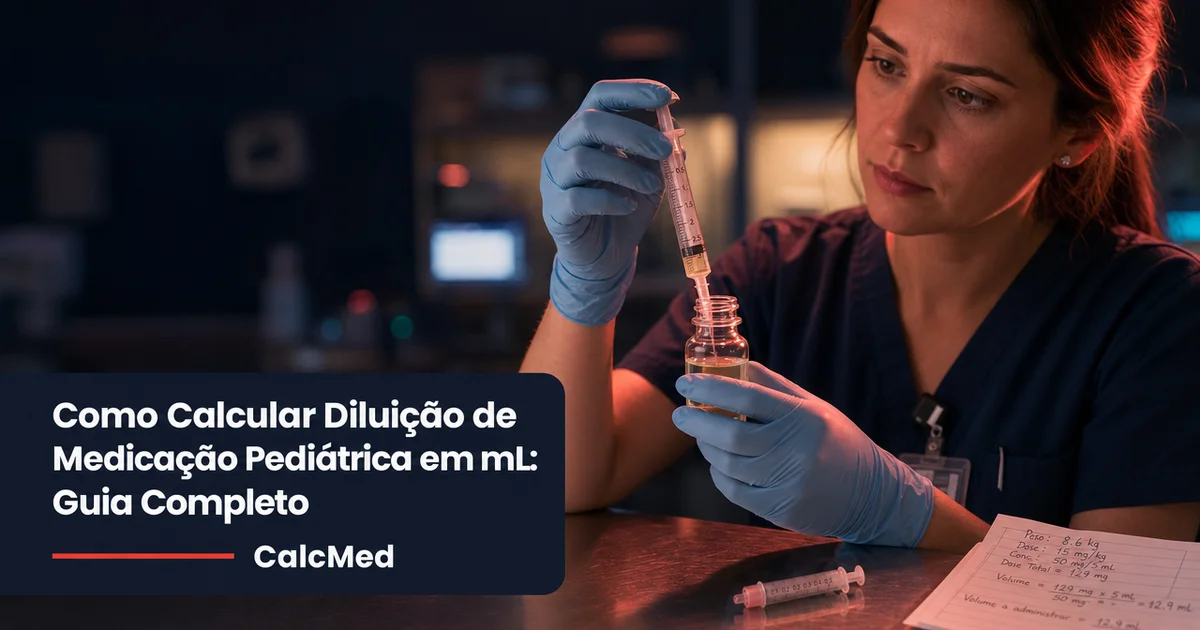 Farmacêutica mede diluição de medicação pediátrica em mL com seringa e frasco