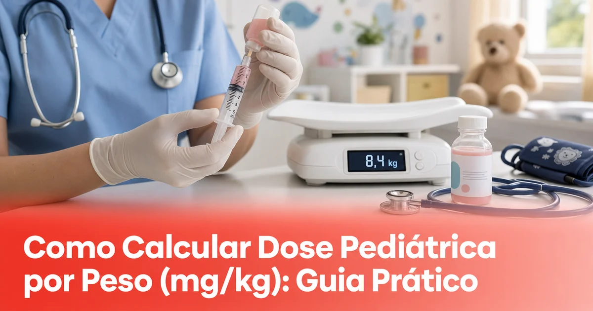 Profissional calcula dose pediátrica por peso com seringa e balança digital exibindo 8,4 kg