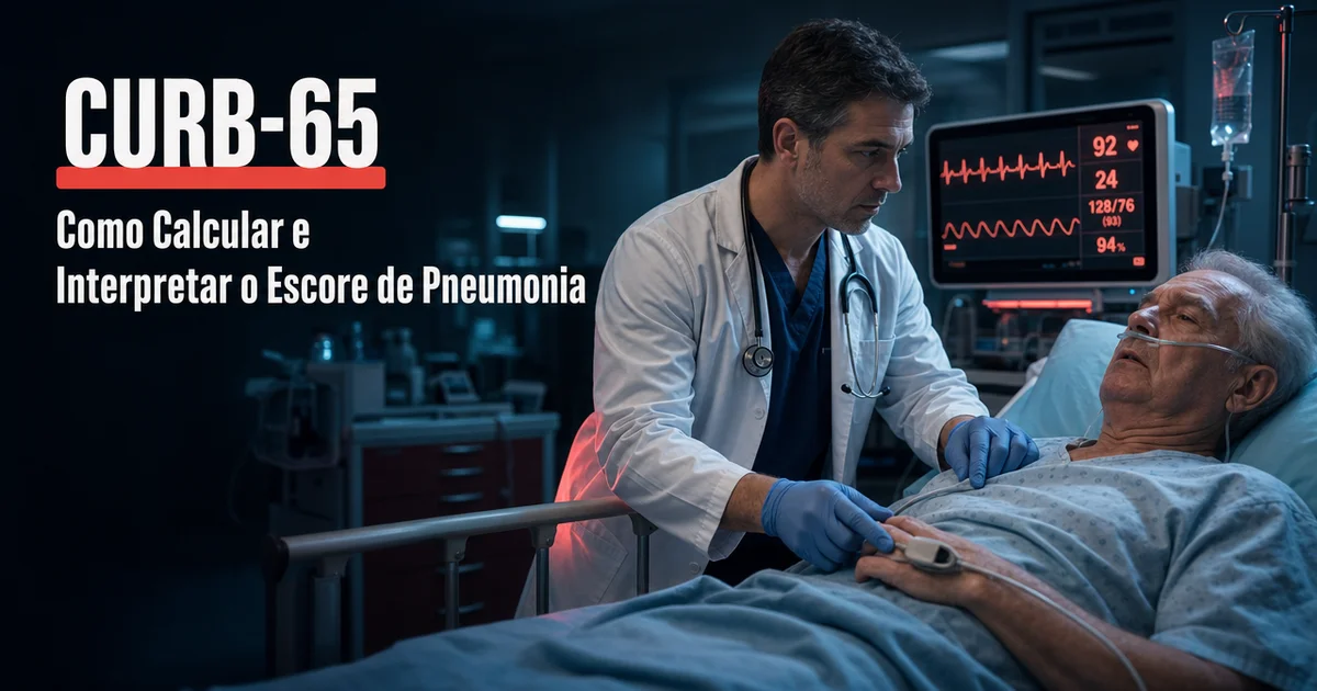 Médico verifica oximetria de paciente idoso em leito de emergência, ilustrando o escore CURB-65 para pneumonia