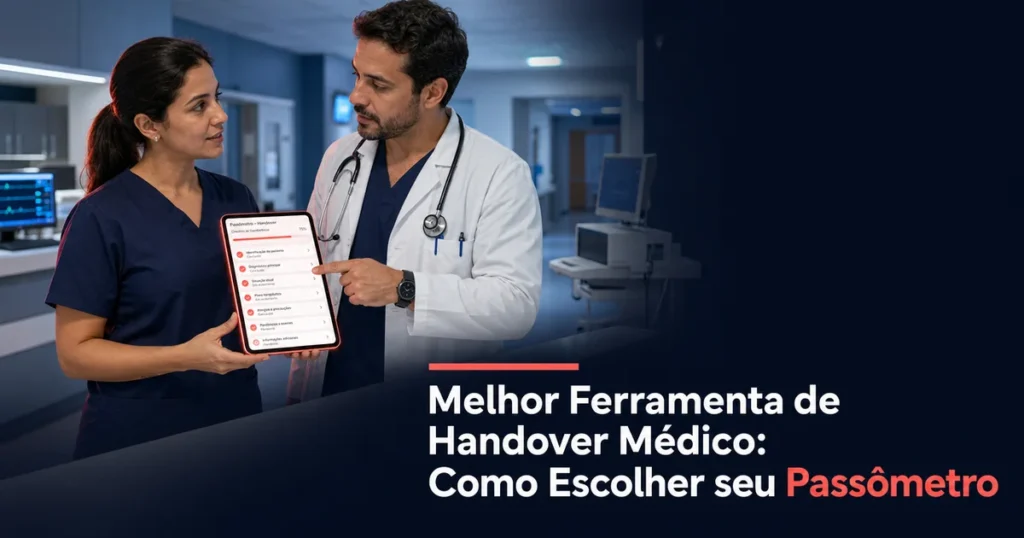 Médico e enfermeira revisam passômetro digital durante handover médico no hospital