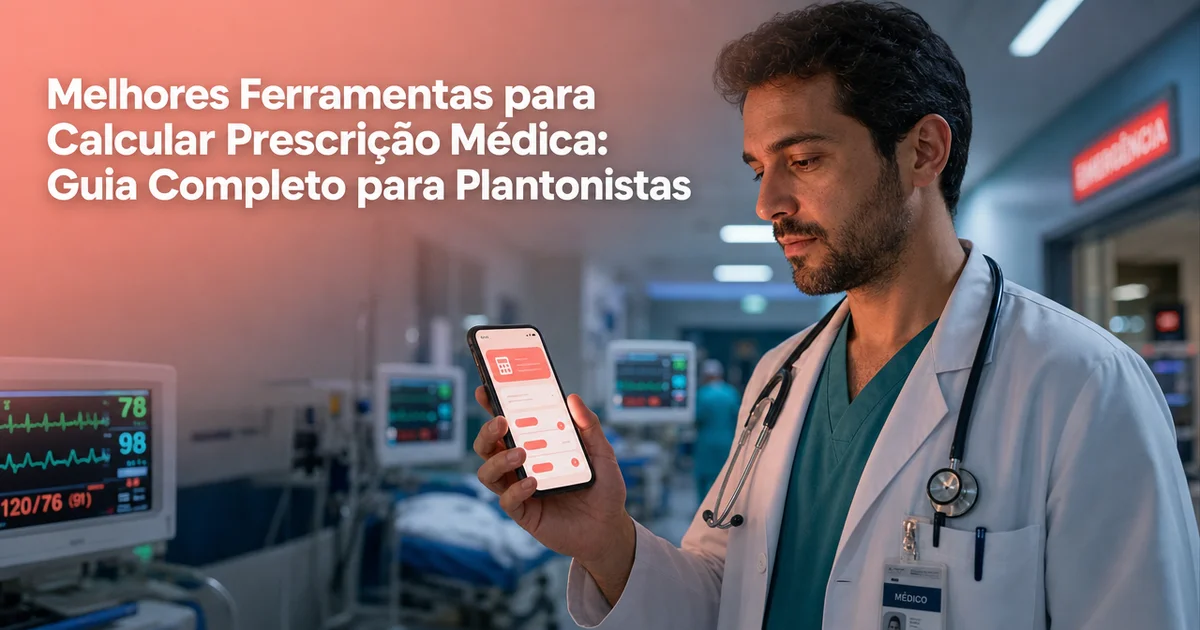 Médico em hospital usando smartphone com aplicativo de prescrição médica, em ambiente clínico ao fundo, com texto sobre melhores ferramentas para calcular prescrição médica e guia para plantonistas.
