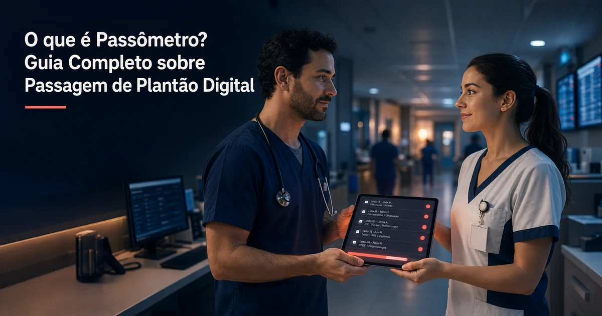 Médicos conversam em ambiente hospitalar enquanto analisam um tablet com informações e gráficos, com destaque para o texto “O que é Passômetro? Guia Completo sobre Passagem de Plantão Digital”.