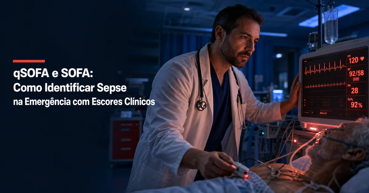 Médico avalia monitor de sinais vitais para identificar sepse com escores qSOFA e SOFA