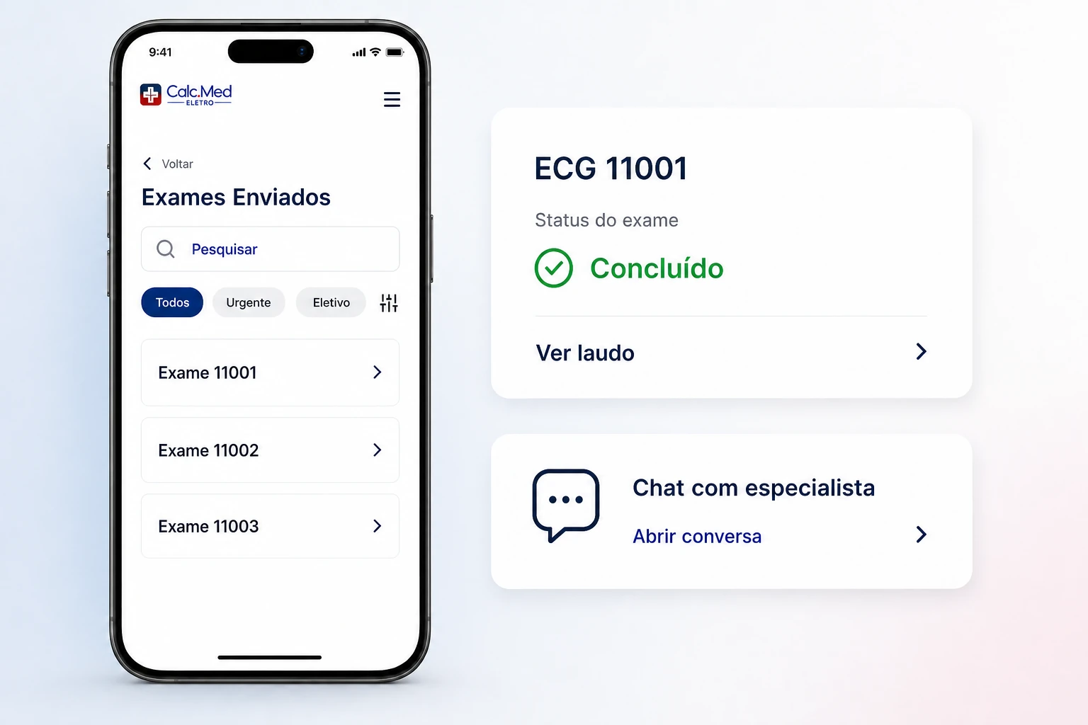 Composição ilustrativa da CalcMed Eletro: exames enviados, status concluído, acesso ao laudo e ao chat com especialista.