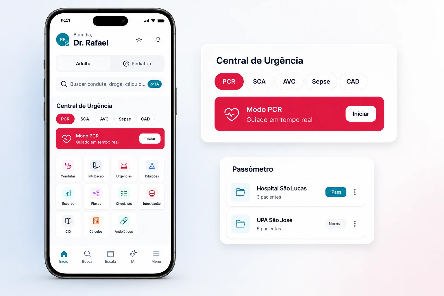 Composição ilustrativa da CalcMed: Urgência e Emergência: Home, Central de Urgência e organização de pastas no passômetro.