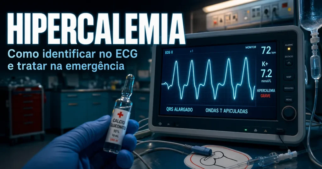 Monitor de ECG com onda T apiculada, sinal clássico de hipercalemia grave