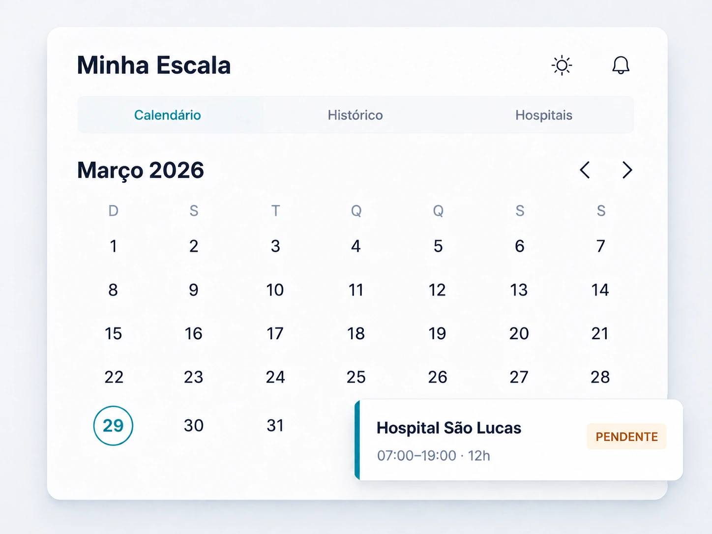 Composição de calendário da Minha Escala e plantão de demonstração com pagamento pendente.