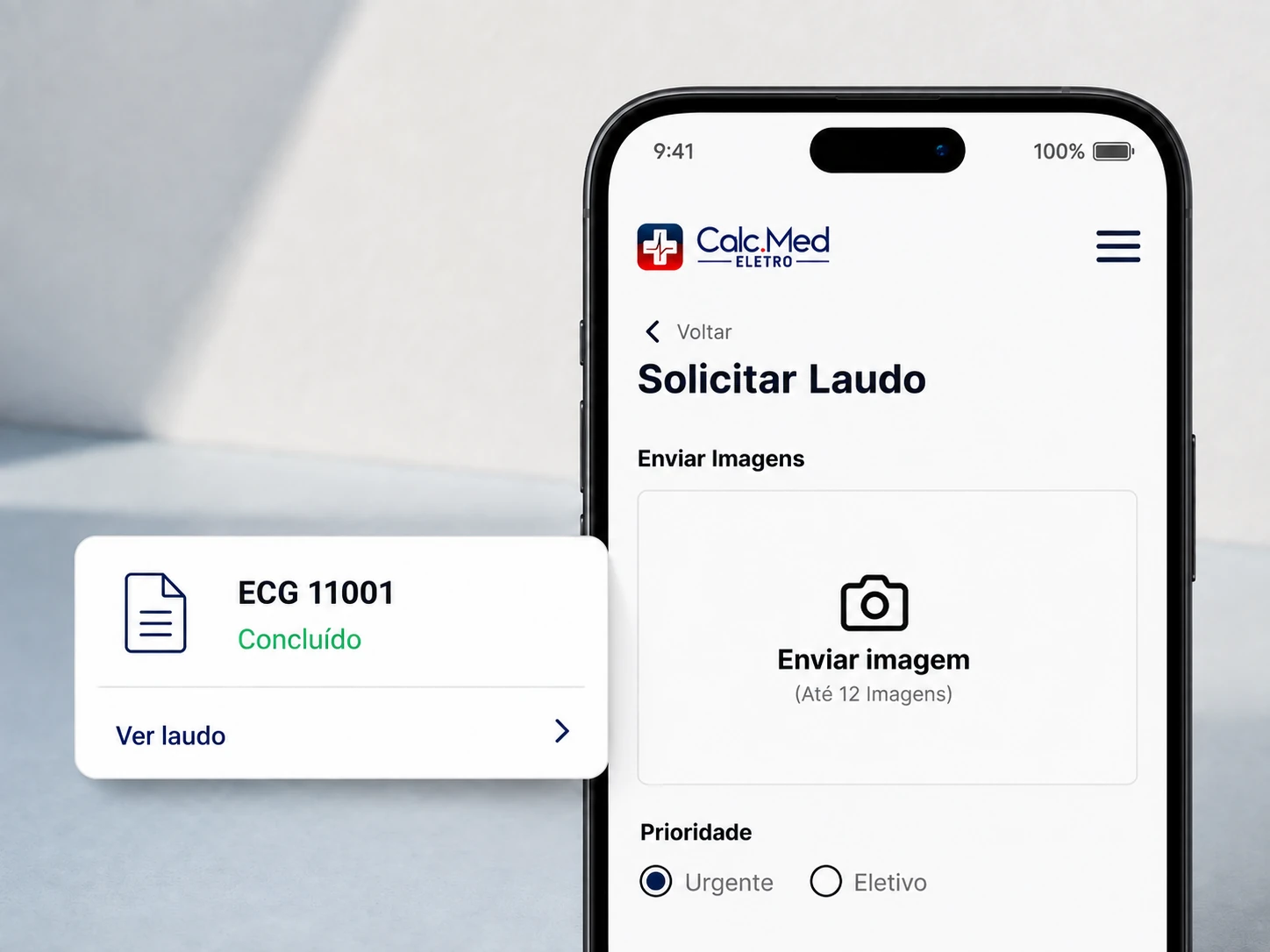 Composição ilustrativa de envio de ECG e solicitação concluída na CalcMed Eletro.