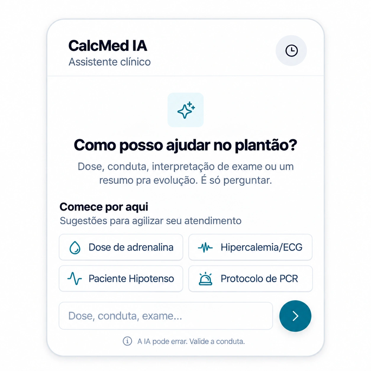 Tela de entrada da IA CalcMed com sugestões de perguntas, campo de mensagem e aviso de responsabilidade.
