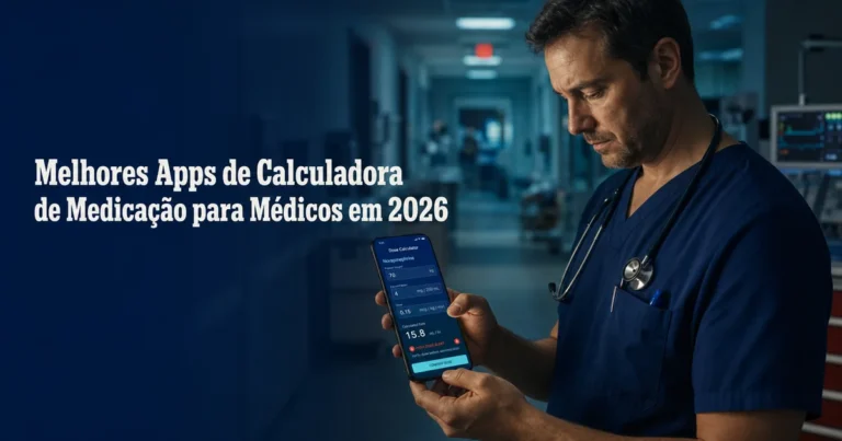 Médico plantonista conferindo dose em aplicativo de cálculo de medicação durante a noite