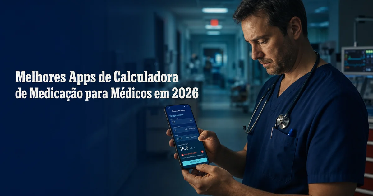 Médico plantonista conferindo dose em aplicativo de cálculo de medicação durante a noite