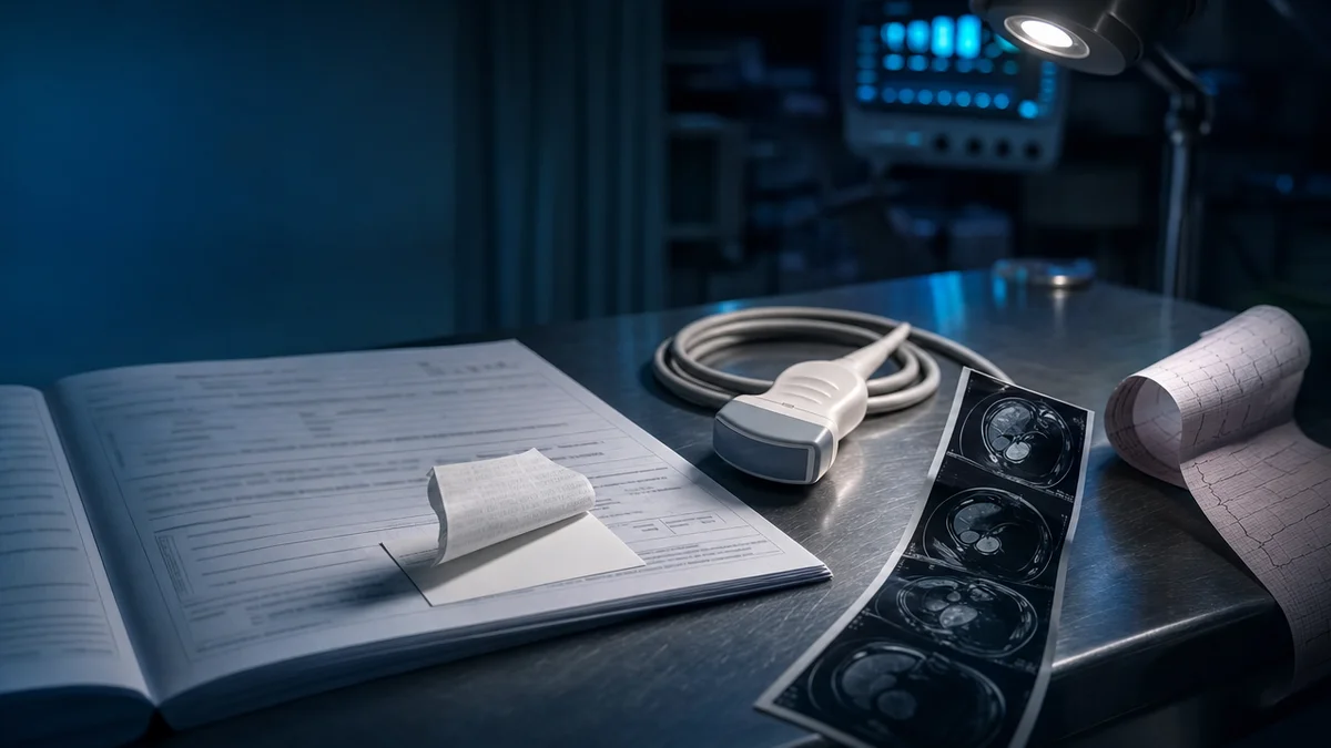 Laudo cardíaco sendo relabelado de infarto para injúria miocárdica, cercado de exames de imagem