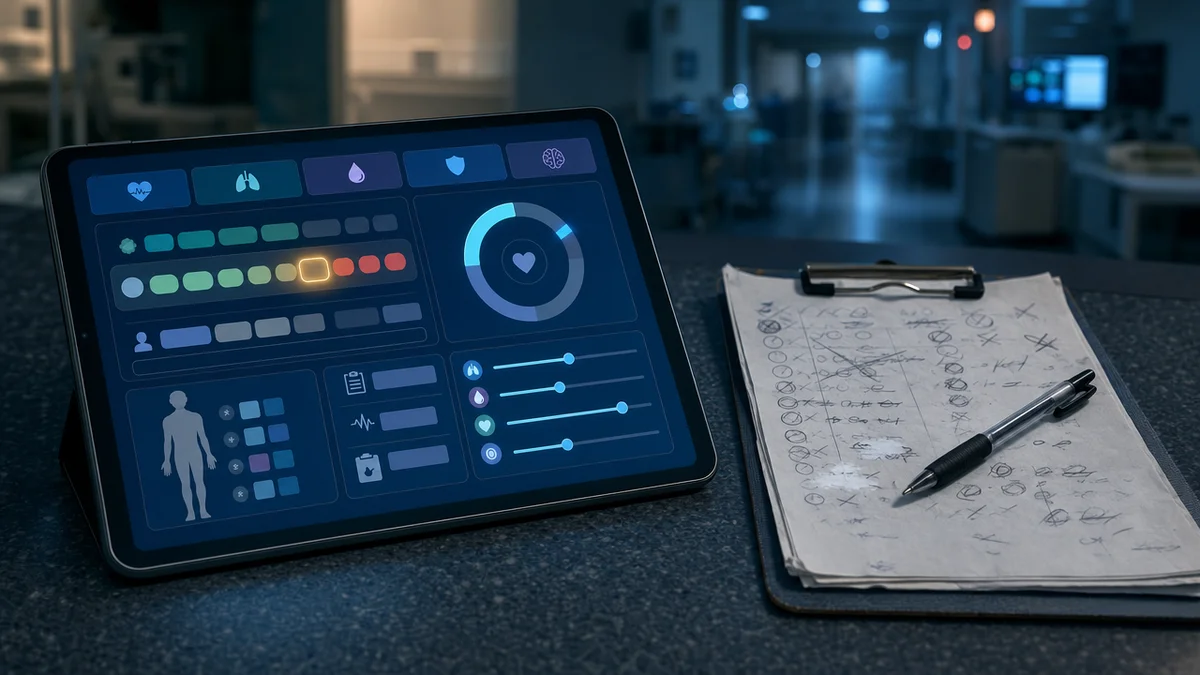 Tablet com escore clínico digital organizado ao lado de checklist manual de UTI