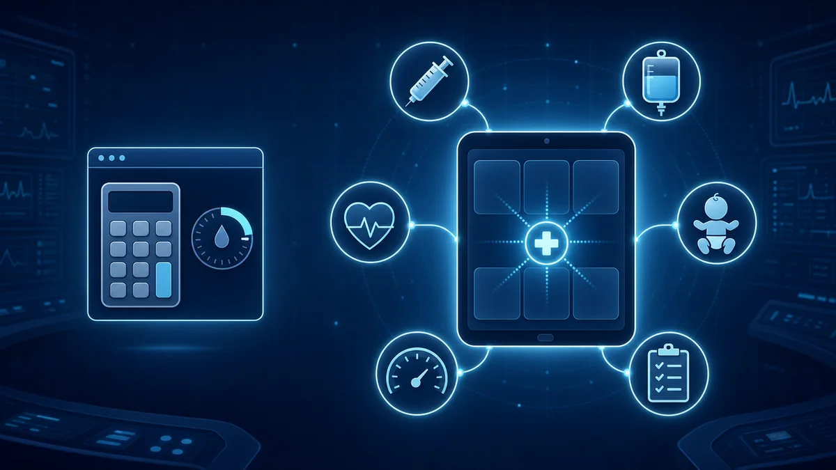 Diagrama comparando calculadora de dose de medicação online isolada e app integrado com múltiplas ferramentas de plantão