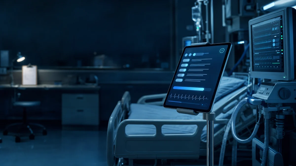 Tablet com passômetro digital da UTI iluminado ao lado de prancheta de papel esquecida