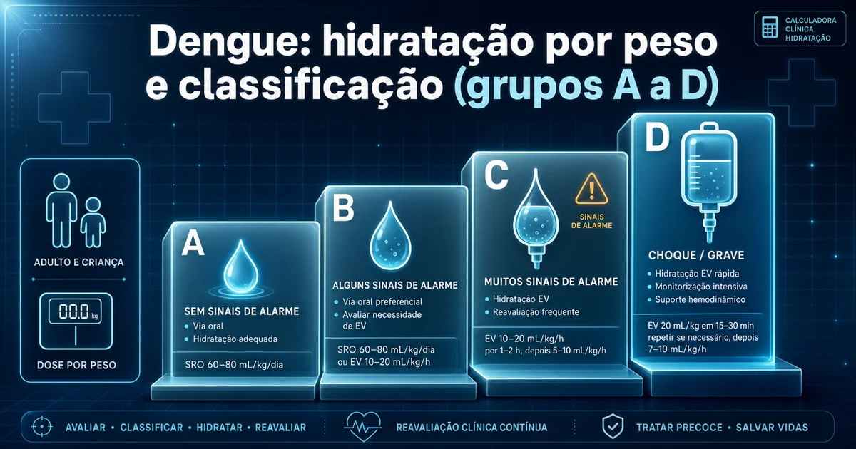 Infográfico de hidratação na dengue por peso, com classificação em grupos A a D