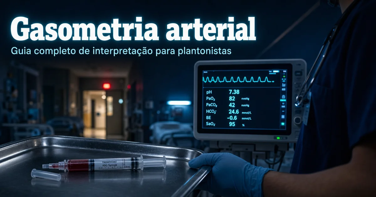 Seringa de gasometria arterial e monitor com pH e PaO2 em plantão noturno de UTI