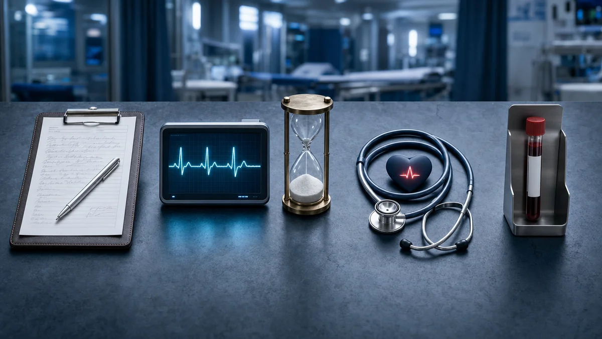 Ilustração dos cinco critérios do HEART Score: histórico, ECG, idade, risco e troponina