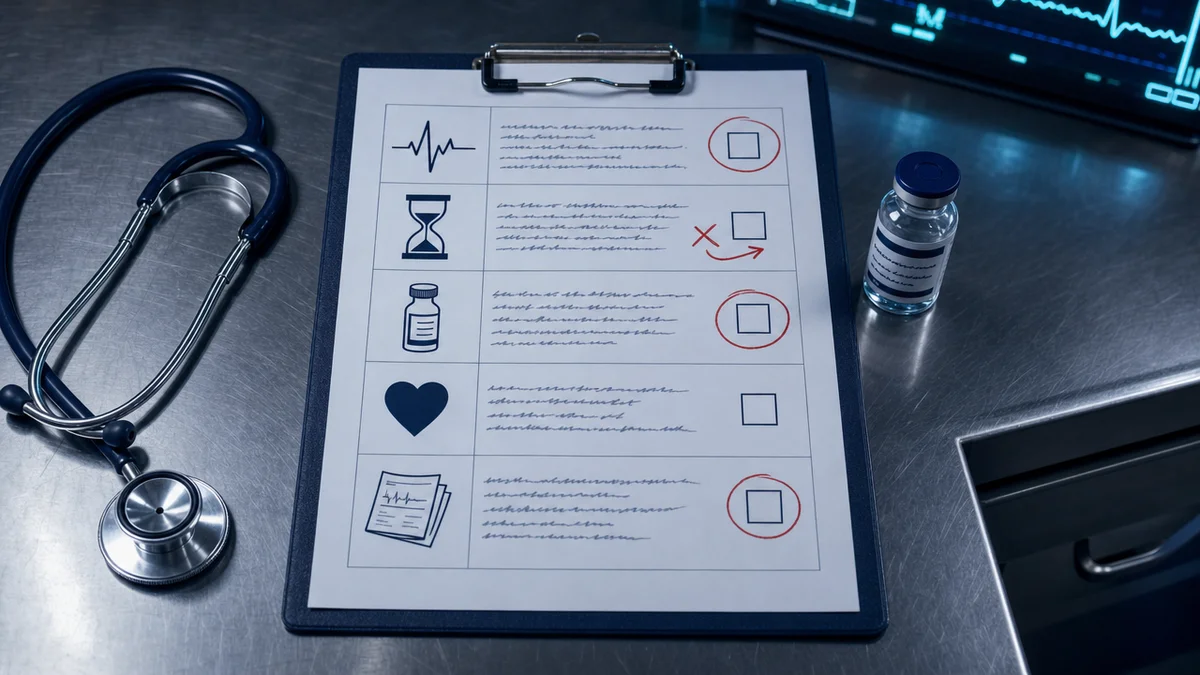 Prancheta com formulário de pontuação do HEART Score e marcações de correção de erros no plantão