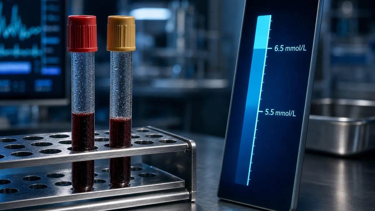 Tubos de sangue e escala de potássio ilustrando os critérios de hipercalemia
