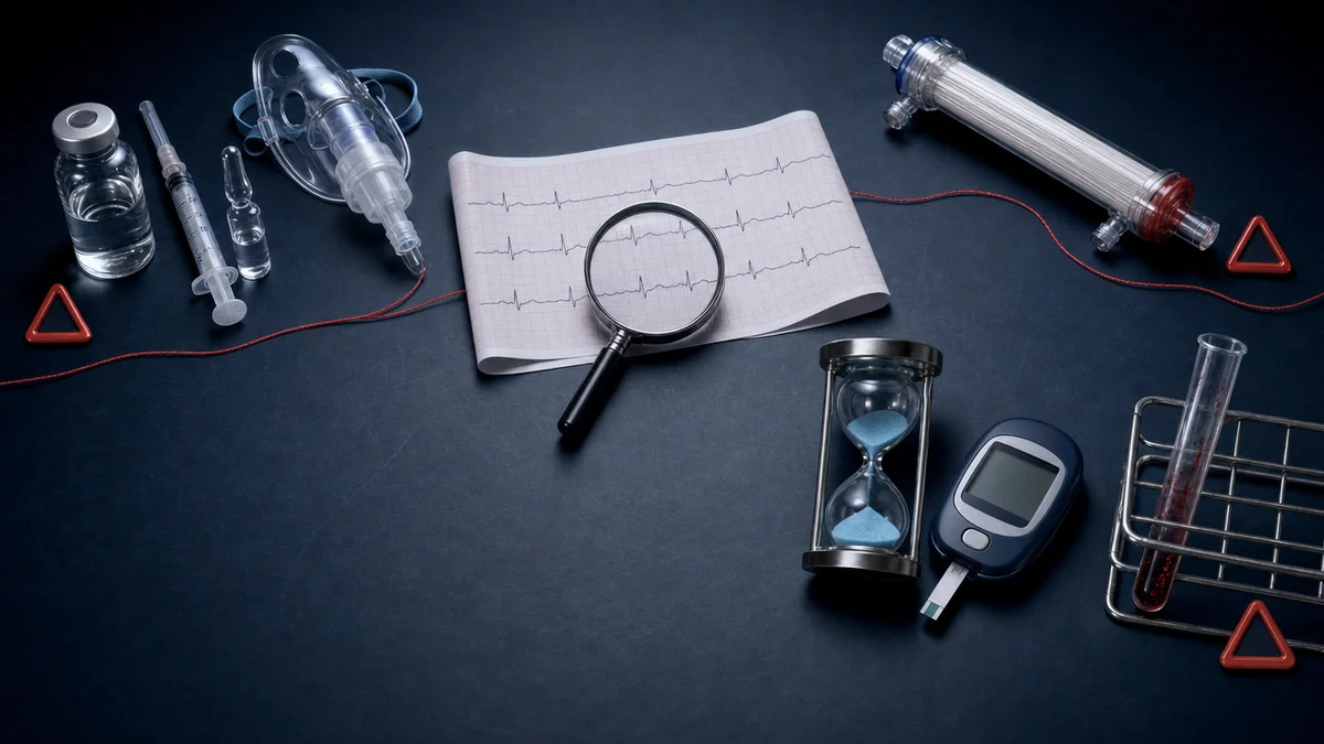 Mesa clínica com ECG, insulina, cálcio e diálise ilustrando erros no manejo da hipercalemia