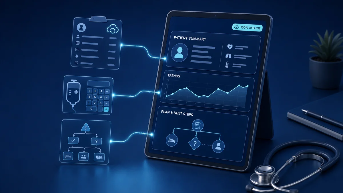 Ilustração do app CalcMed integrando passômetro, calculadoras e fluxogramas em uma única tela offline
