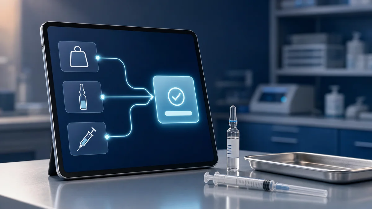 Tablet exibe aplicativo de cálculo de medicação convertendo peso e dose em resultado pronto para conferência