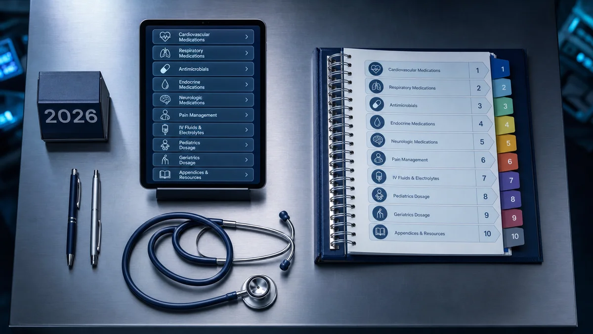 Tablet e binder clínico organizados representam o sumário de um guia sobre aplicativo de cálculo de medicação em 2026