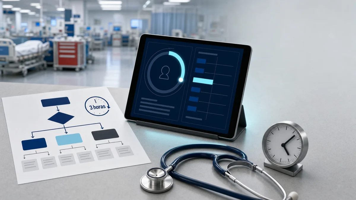 Protocolo impresso de sepse e tablet com painel digital do NEWS2 marcando o prazo de 3 horas