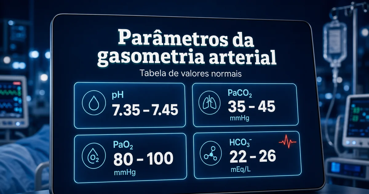 Painel com os parâmetros normais da gasometria arterial: pH, PaO2, PaCO2 e bicarbonato