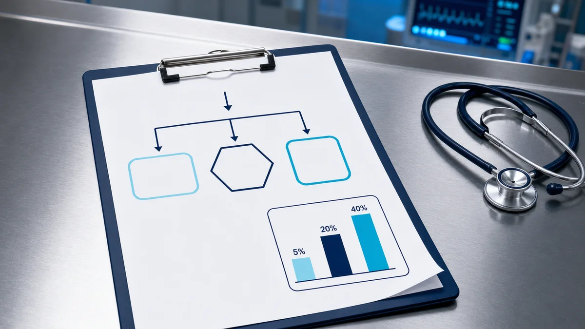 Diagrama do protocolo de dor torácica com três categorias e dados de 5%, 20% e 40%