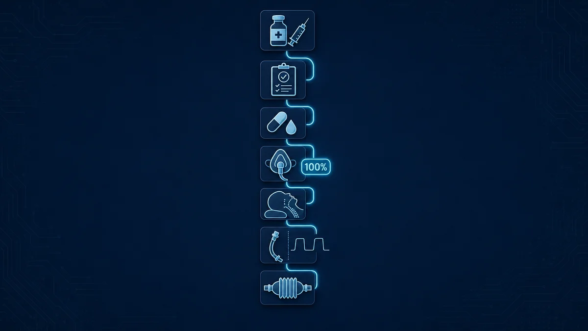 Diagrama das sete etapas da sequência rápida de intubação com ícones médicos e selo de 100%