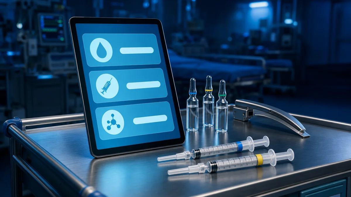 Tela de app com calculadora de doses de intubação por peso ao lado de seringas prontas