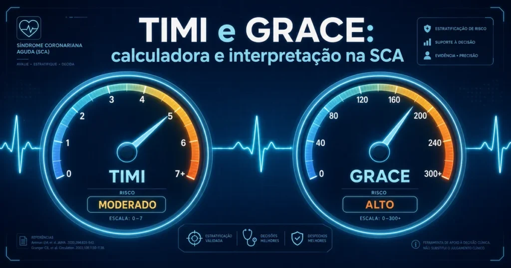 Capa sobre calculadora de TIMI score e GRACE score para risco na síndrome coronariana aguda