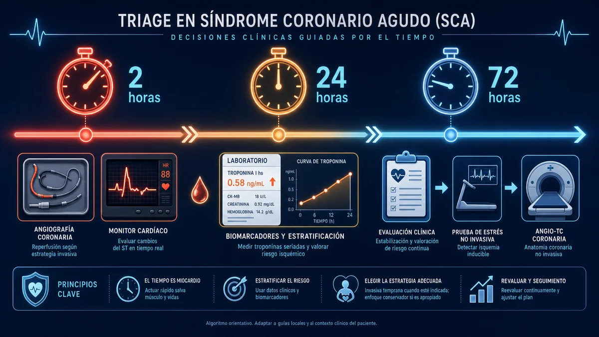 Linha do tempo mostra prazos de 2, 24 e 72 horas para angiografia conforme o risco calculado