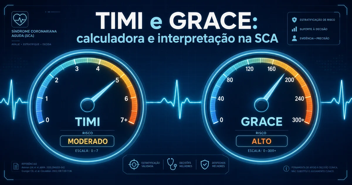 Capa sobre calculadora de TIMI score e GRACE score para risco na síndrome coronariana aguda