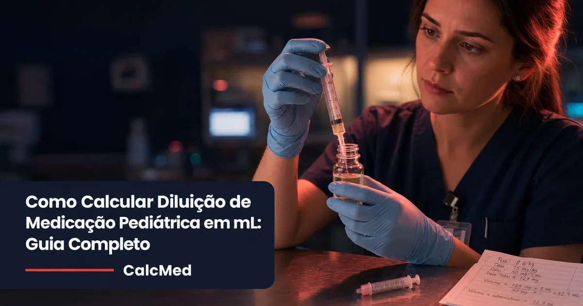 Farmacêutica mede diluição de medicação pediátrica em mL com seringa e frasco