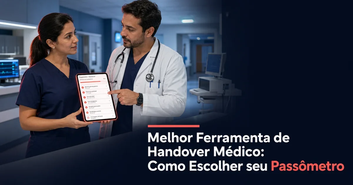 Médico e enfermeira revisam passômetro digital durante handover médico no hospital