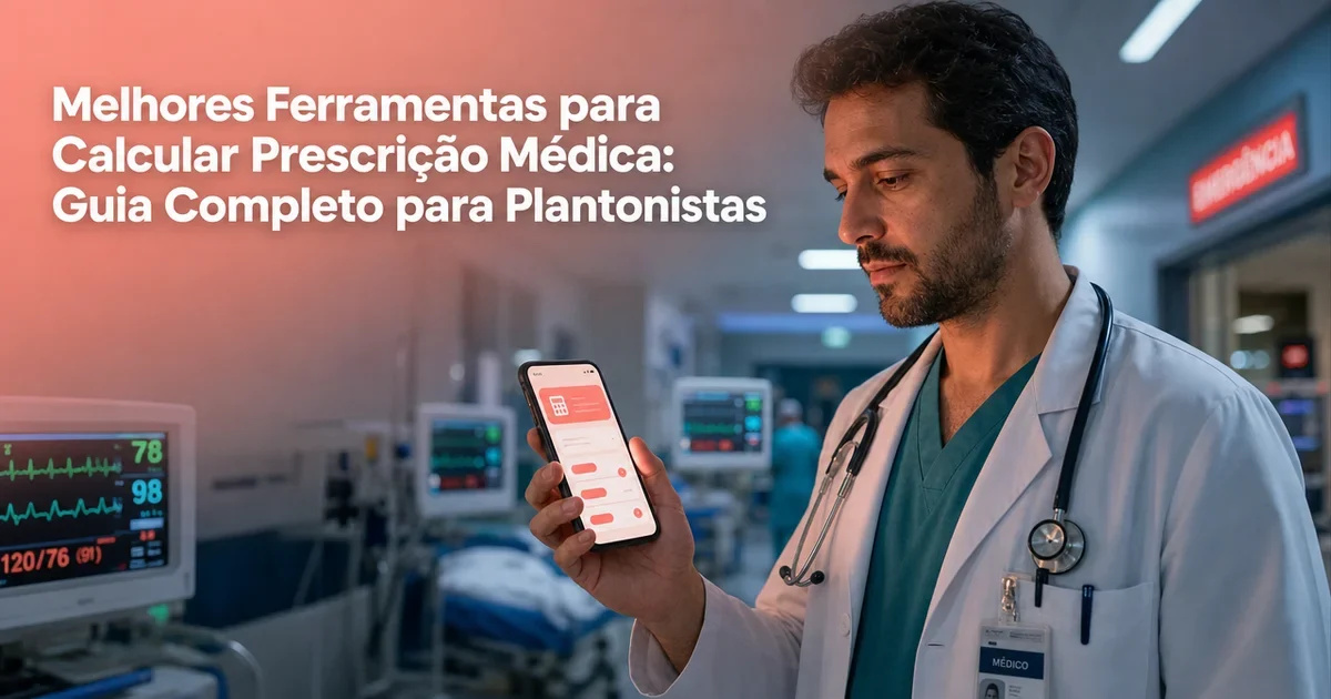 Médico em hospital usando smartphone com aplicativo de prescrição médica, em ambiente clínico ao fundo, com texto sobre melhores ferramentas para calcular prescrição médica e guia para plantonistas.